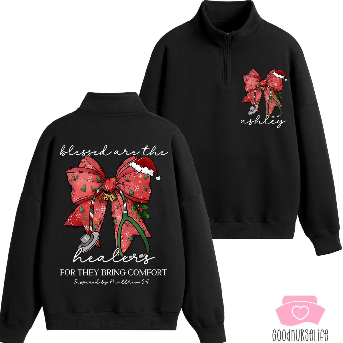 Personalized Christmas Coquette Bow Nurse Quarter Zip Sweatshirt
