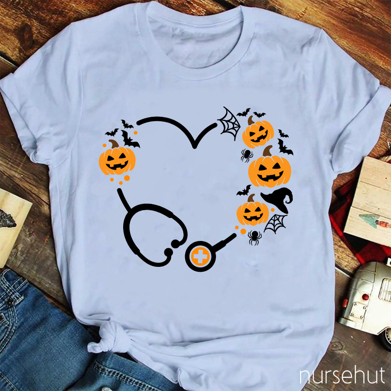Halloween Pumpkin Stethoscope Heart Nurse T-Shirt