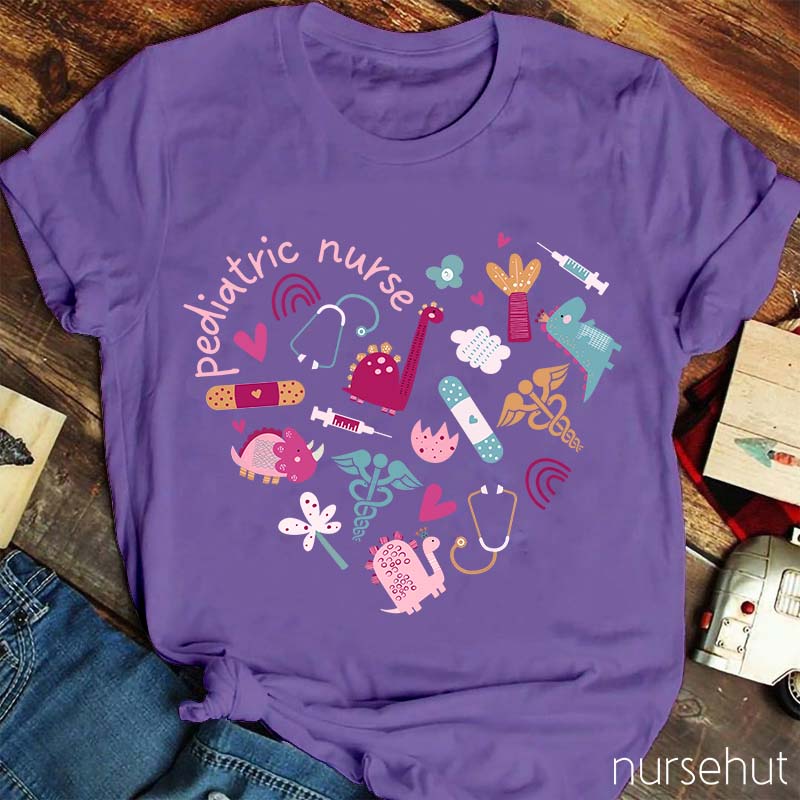 Cartoon Dinosaur Turtle Giraffe Pediatric Registered Nurse T-Shirt
