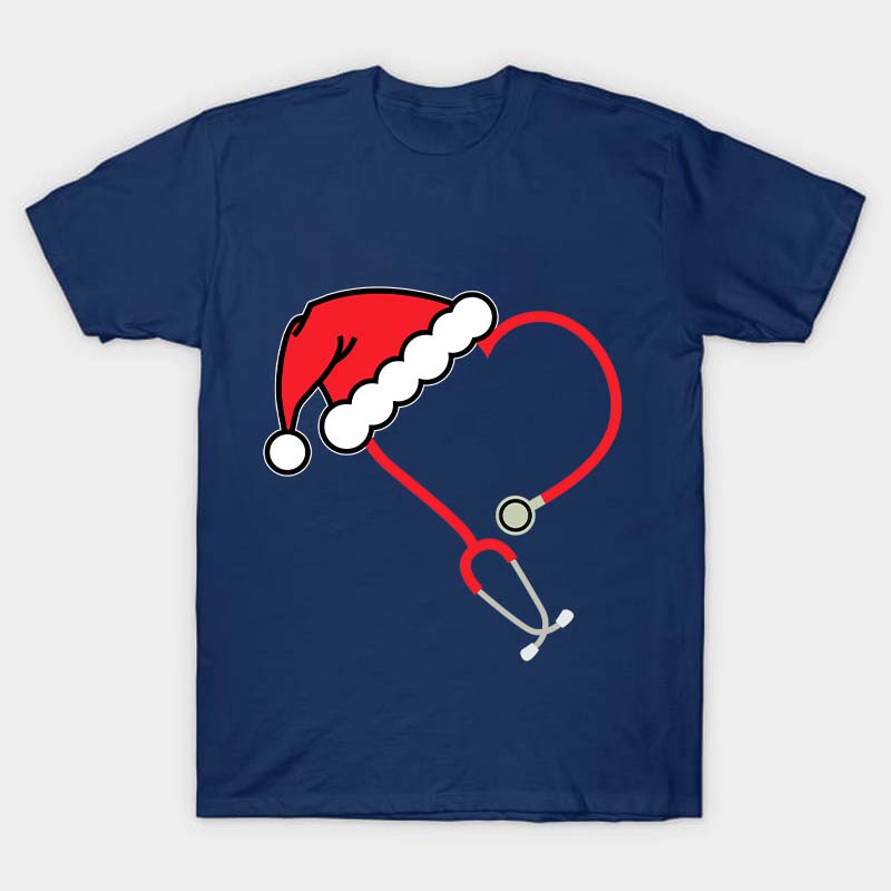 Heart Shaped Stethoscope With Santa Hat Nurse T-Shirt