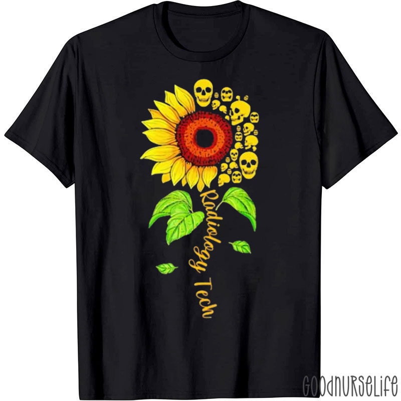 Radiology Tech Floral Sunflower Flower Skulls T-Shirt