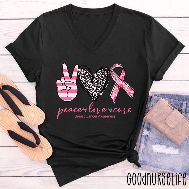Heart Shape Peace Love Cure Breast Cancer Awareness Female V-Neck T-Shirt