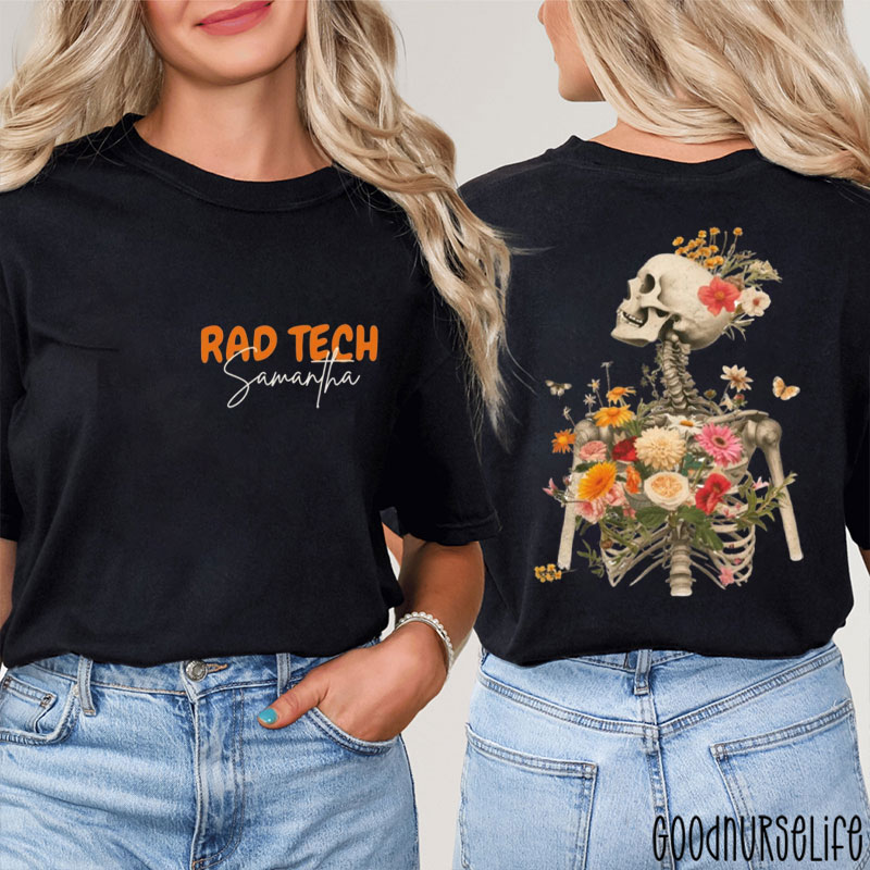 Personalized Radiology Skeleton Flowers Butterfly Floral Two Sided T-Shirt