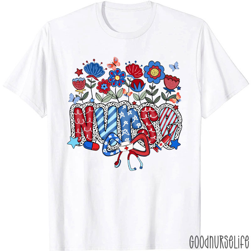 American Nurse 4th Of July Flower Independence Day Nurse T-Shirt