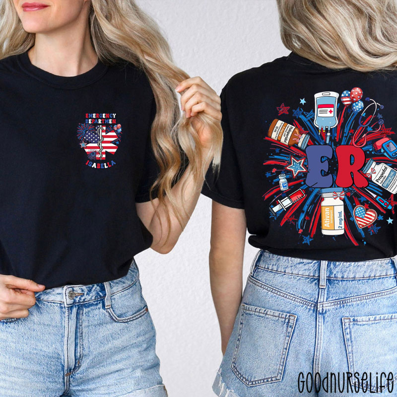 Personalized Name Firework Emergency Department Nurse Two Sided T-Shirt