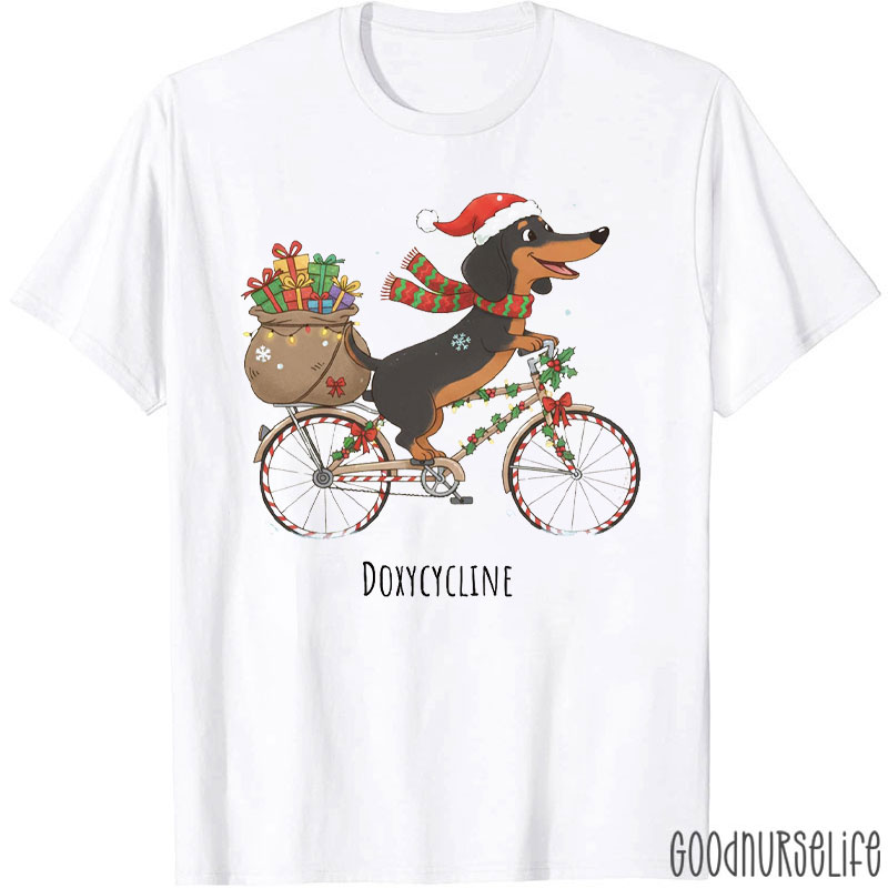 Festive Biking Wiener Dog With Gift Sack T-Shirt