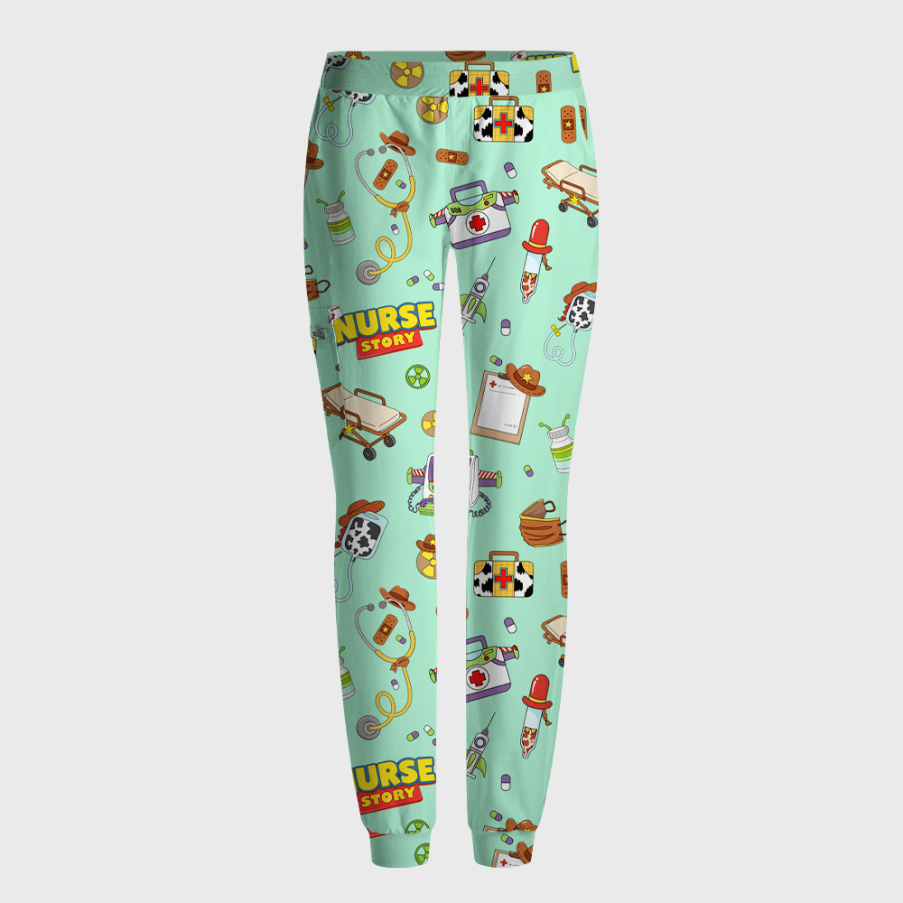 Cartoon Medical Equipment Print Nurse Scrub Set