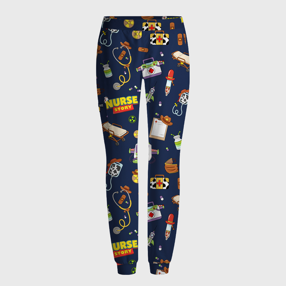 Cartoon Medical Equipment Print Nurse Scrub Set
