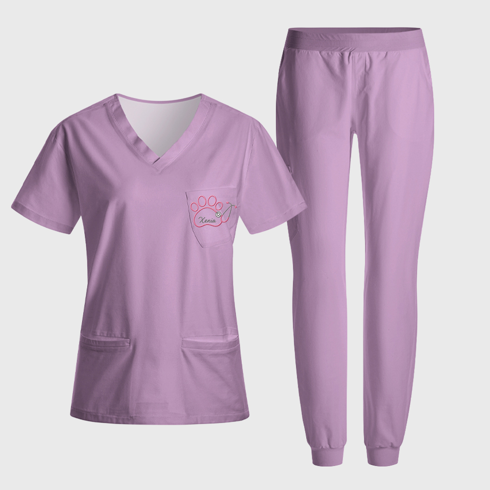 Personalized Embroidered Name Paw Stethoscope Nurse Antimicrobial Scrubs Sets