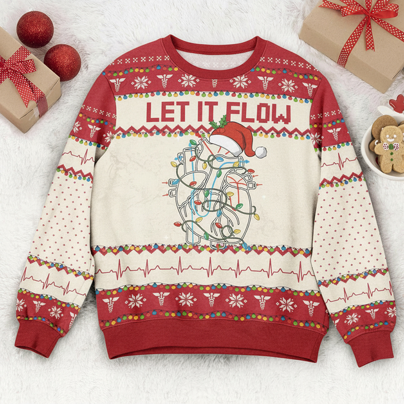 Let It Flow Cardiac Christmas Vibe Ugly Fluffy Christmas Sweater