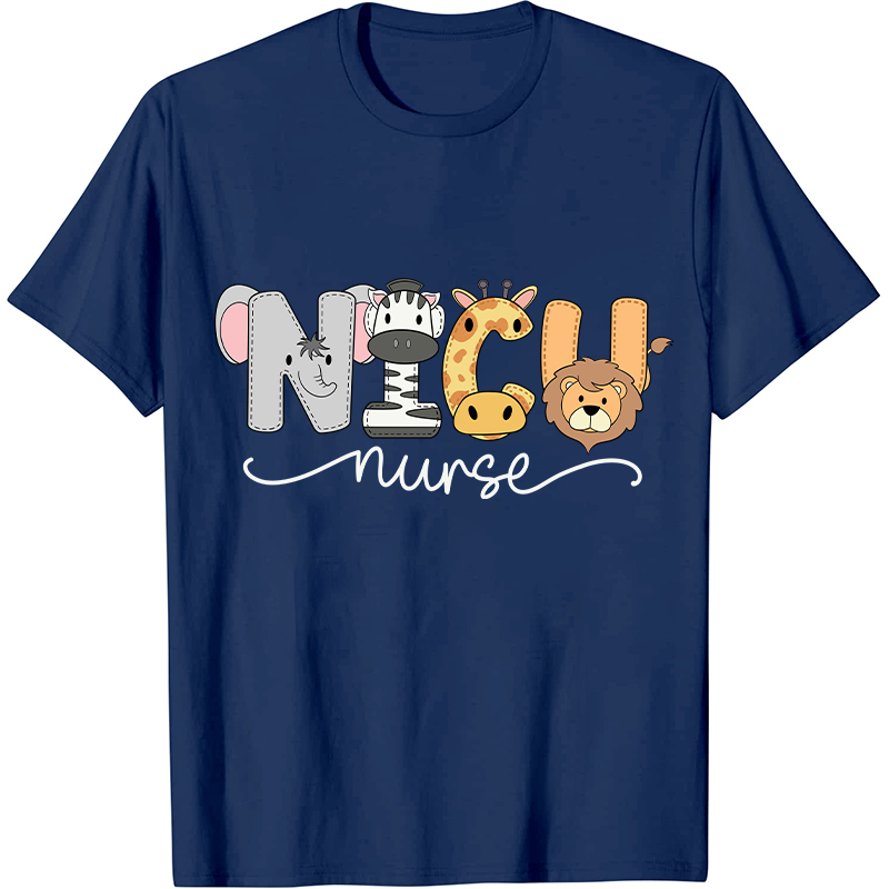 NICU Cartoon Zoo Animals Nurse T-Shirt