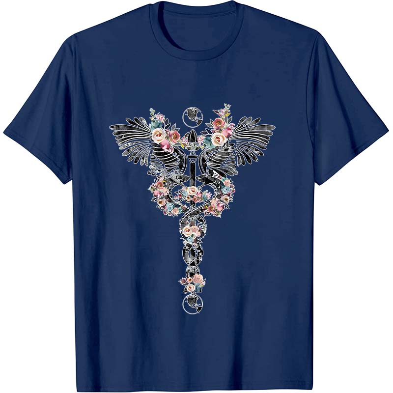 Floral Rod Of Asclepius Nurse T-Shirt