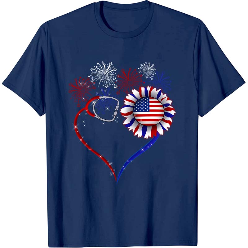 Fireworks Sunflower Stethoscope Nurse T-Shirt