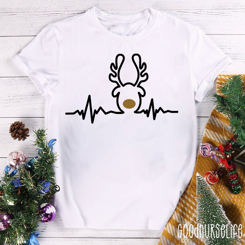 Christmas Heartbeat Reindeer Nurse T-Shirt