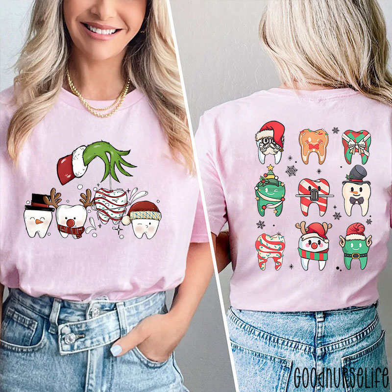 Santa Teeth Green Hand Christmas Nurse Two Sided T-Shirt