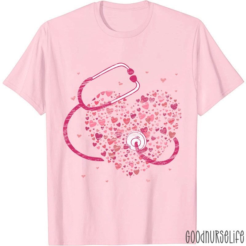 Pink Stethoscope And Hearts Nurse T-Shirt