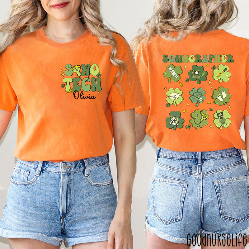 Personalized Name Sonographer St. Patrick's Day Nurse Two Sided T-Shirt