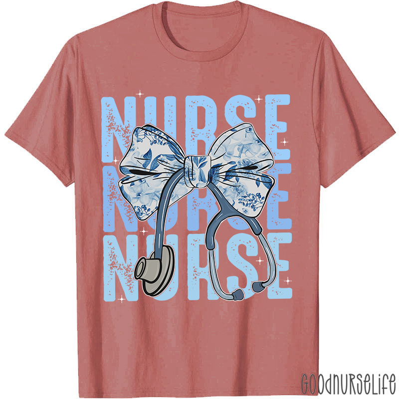 Blue Flowers Stethoscope Nurse T-Shirt