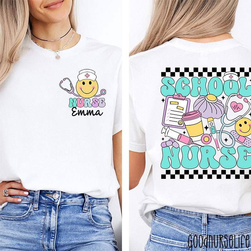 Personalized Checkerboard Smiley Face School Nurse Two Sided T-Shirt