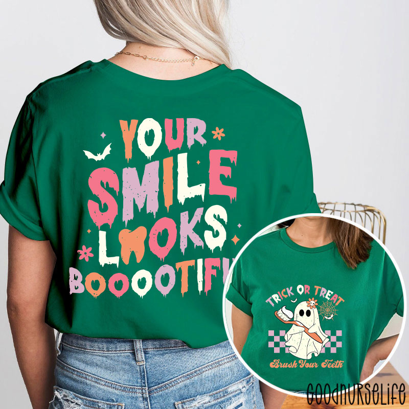 Trick Or Treat Brush Your Teeth Dentist Halloween Two Sided T-Shirt