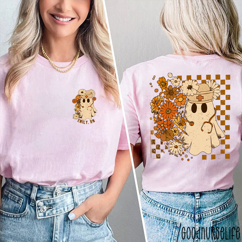 Personalized Checkerboard And Flower Ghost Nurse Two Sided T-Shirt