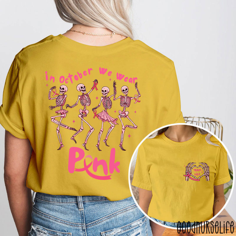 Personalized Dancing Skeletons For Breast Cancer Awareness Nurse Two Sided T-Shirt