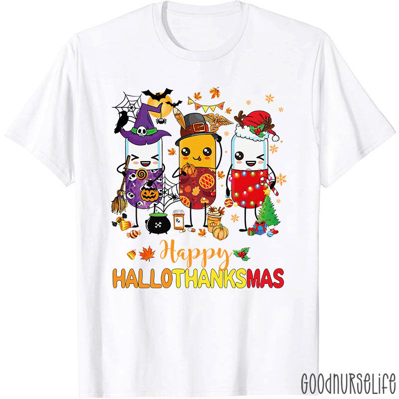 Pharmacy Holiday HalloThanksMas Pill Characters T-Shirt