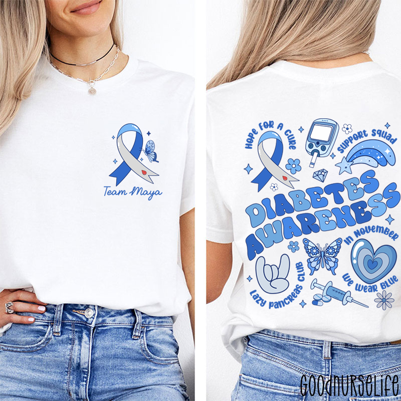 Personalized Festive Blue Diabetes Awareness Two Sided T-Shirt