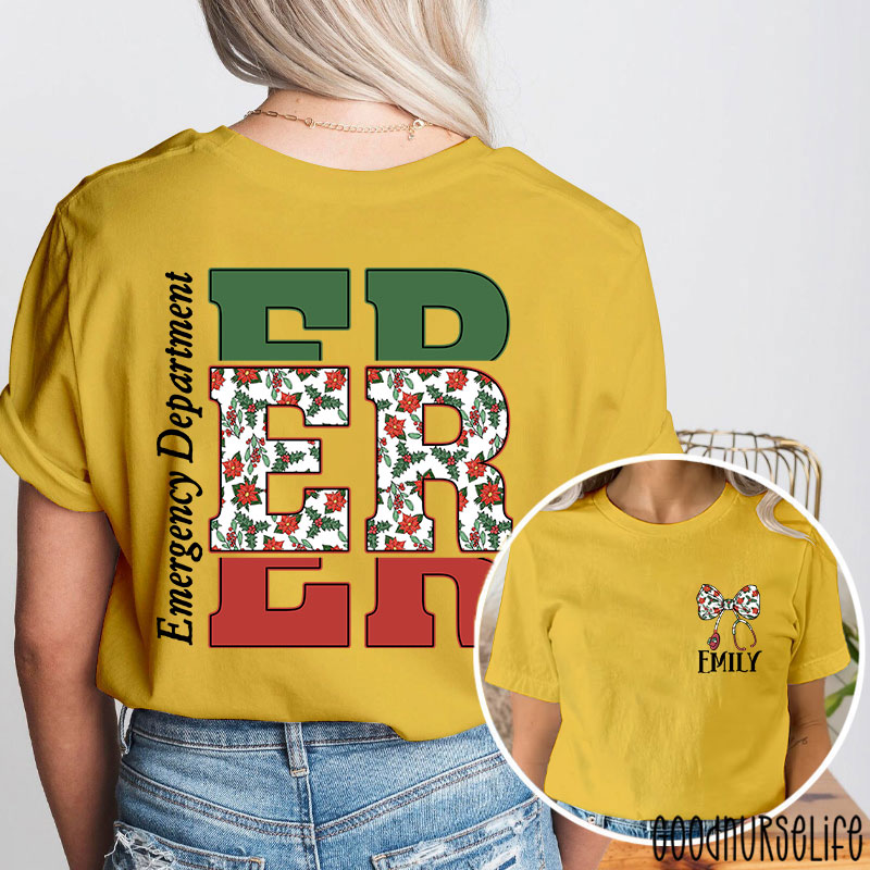 Personalized Christmas Bow And Stethoscope Christmas Floral Nurse Two Sided T-Shirt