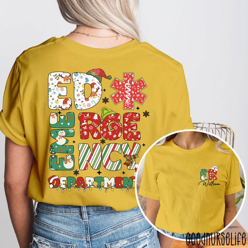 Personalized Festive ED Urgency Nurse Two Sided T-Shirt