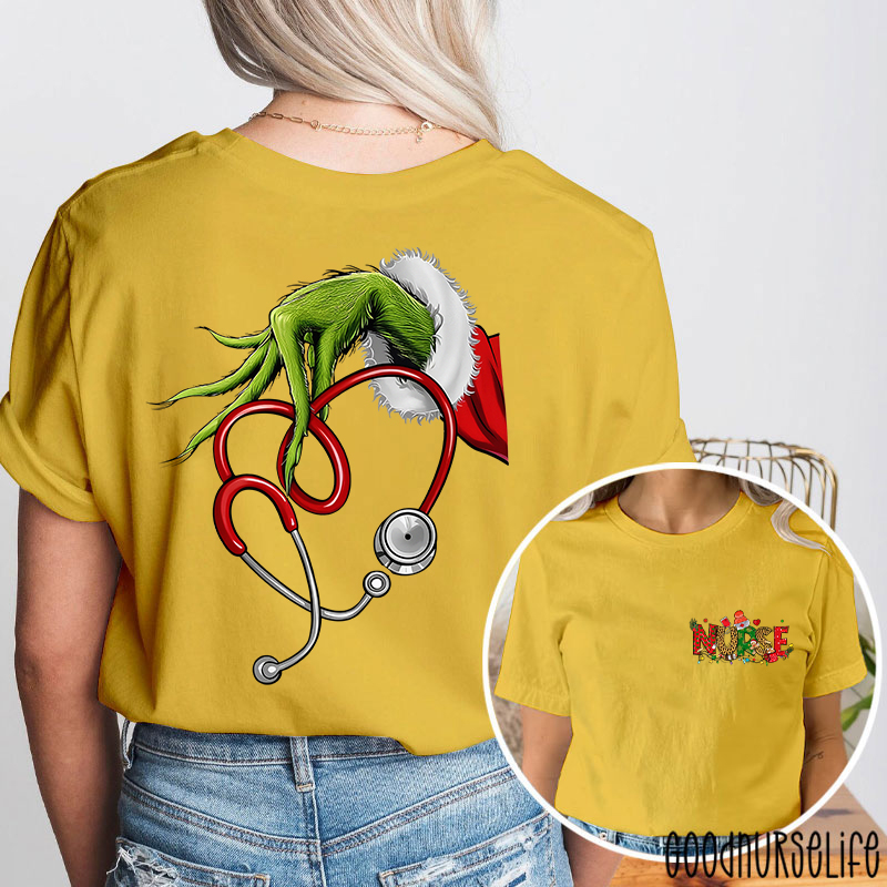 Personalized Hand With Stethoscope Heart Festive Healthcare Nurse Two Sided T-Shirt