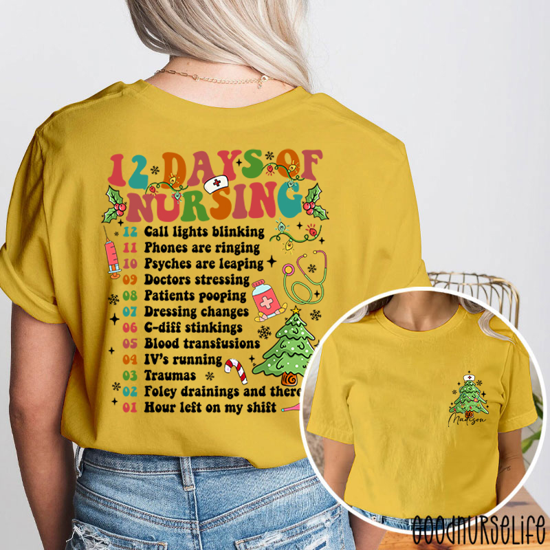 Personalized 12 Days Of Nursing Festive Checklist Nurse Two Sided T-Shirt
