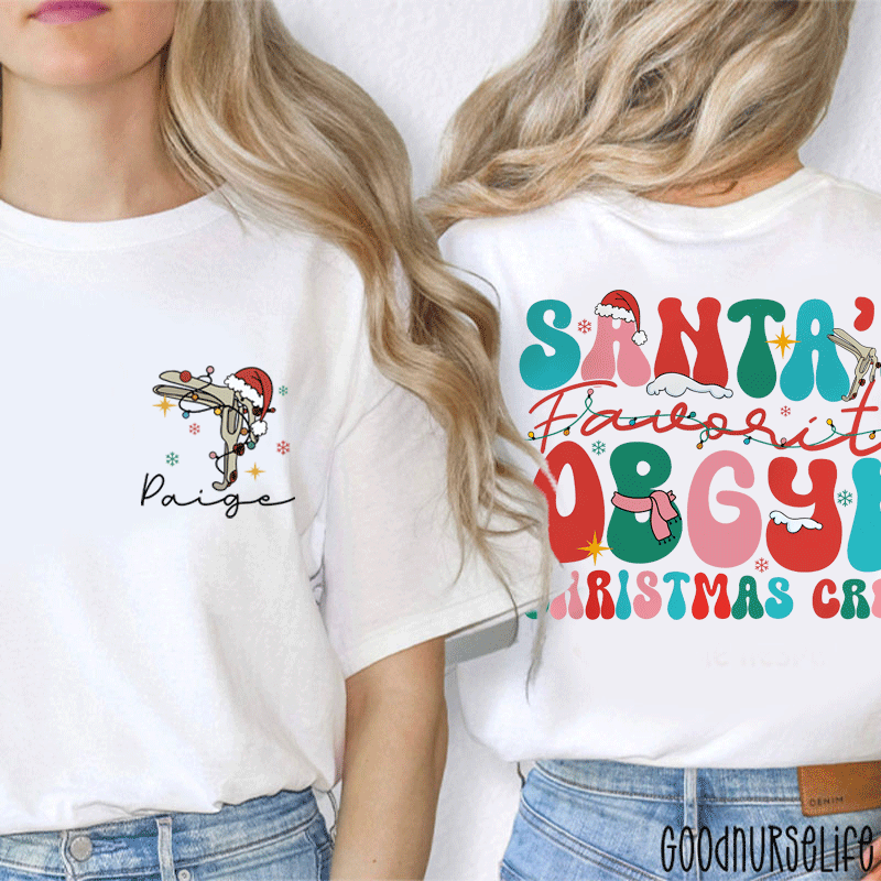 Personalized Name Santa's Favorite OBGYN Christmas Crew Nurse Two Sided T-Shirt