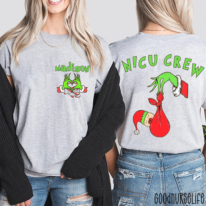 Personalized Name Holiday NICU Crew Nurse Two Sided T-Shirt