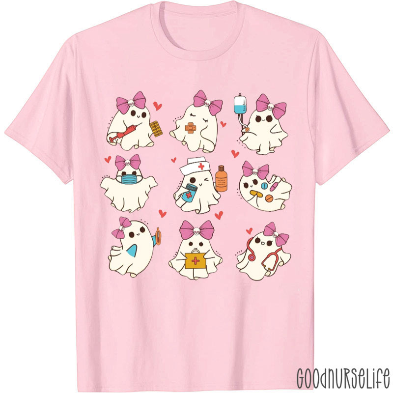 Cute Ghost With Pink Bow Tie Nurse T-Shirt