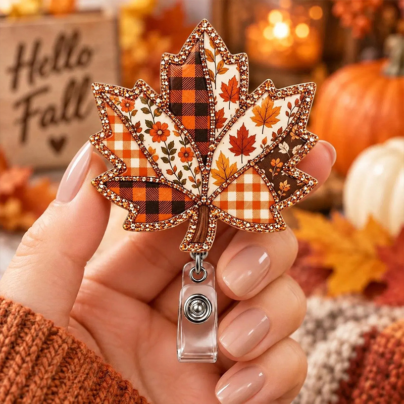 Autumn Plaid Maple Leaf Badge Reel