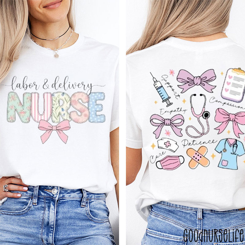 Faux Patchwork Floral Labor And Delivery Nurse Two Sided T-Shirt