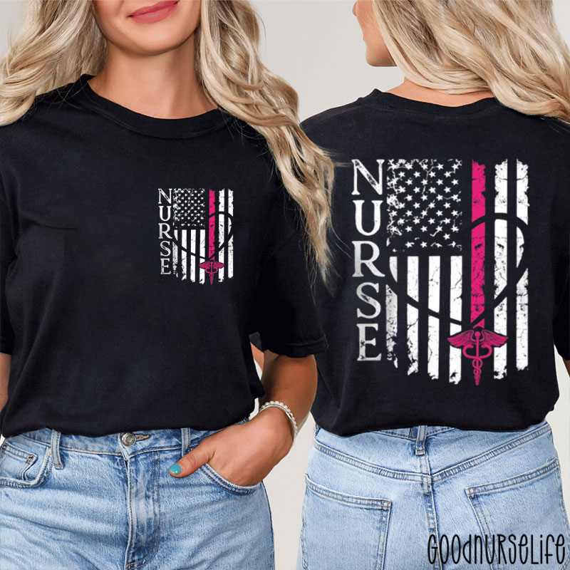 Funny Stethoscope Nurse Life Nursing American Flag Nurse Two Sided T-Shirt