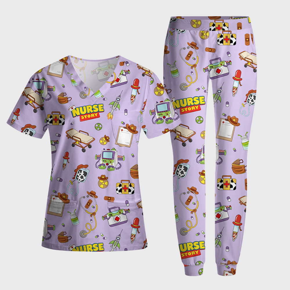 Cartoon Medical Equipment Print Nurse Scrub Set