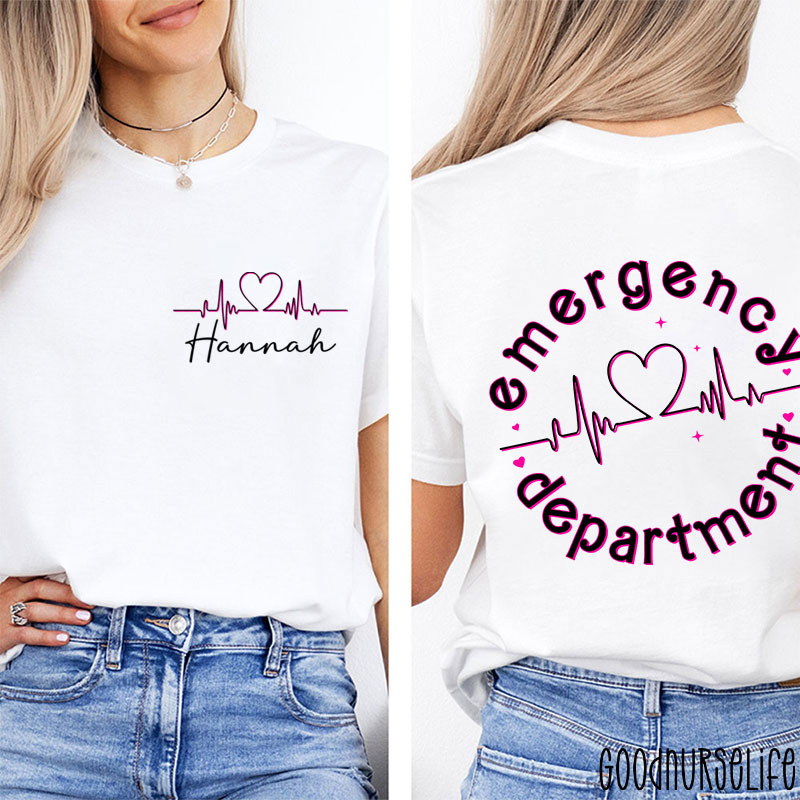Personalized Name Heart Emergency Department Nurse Two Sided T-Shirt