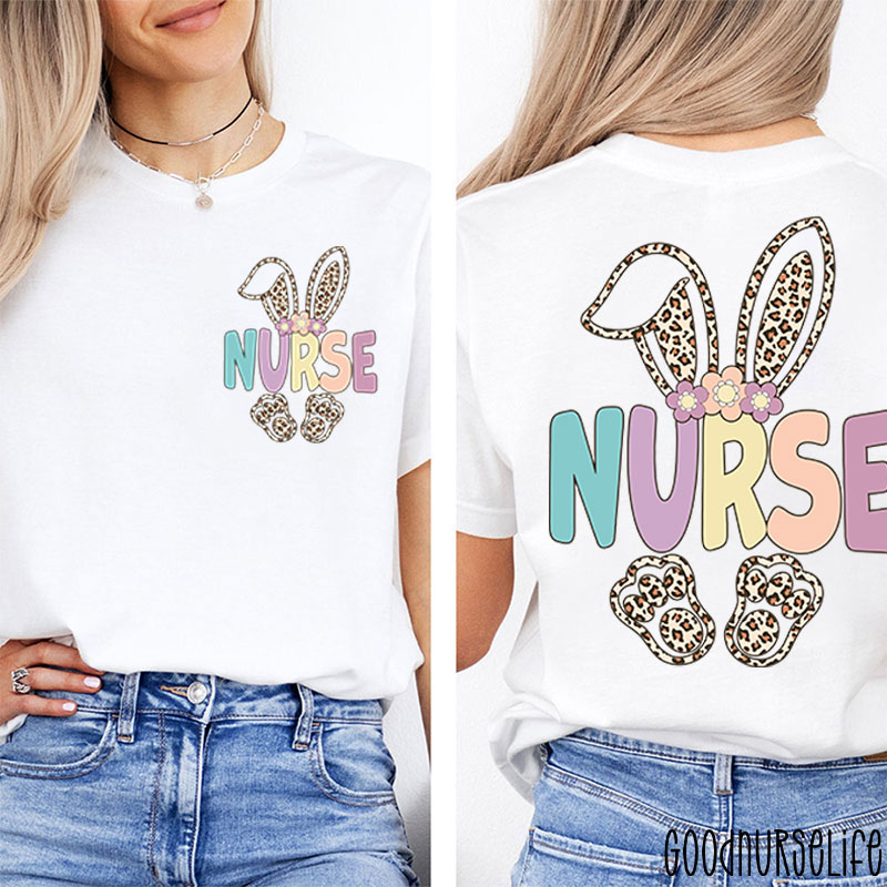 Leopard Bunny Hoppy Easter Nurse Two Sided T-Shirt