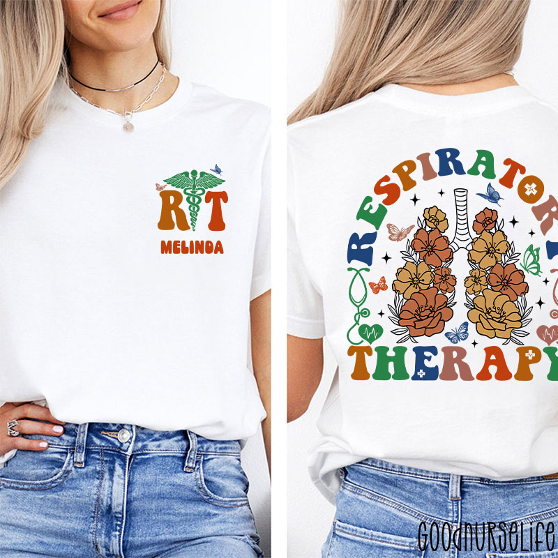 Personalized Name Flower Respiratory Therapy Two Sided T-Shirt