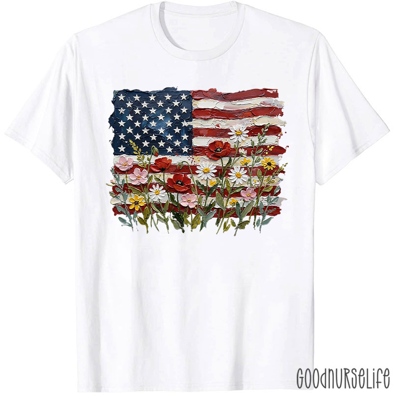 American Flag Floral Nurse T-Shirt