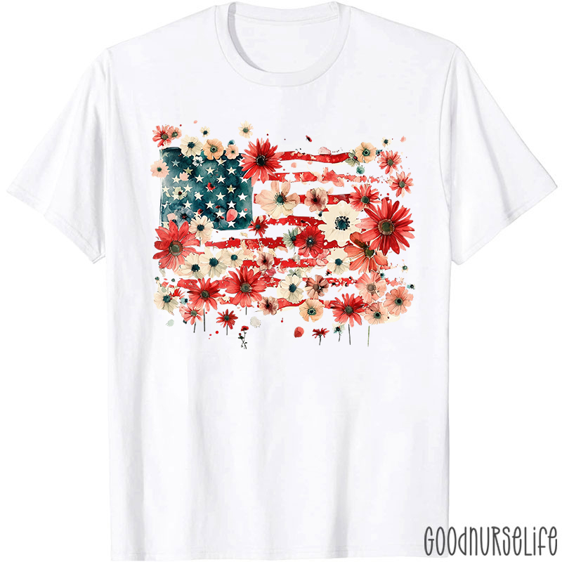 American Flag Floral Nurse T-Shirt