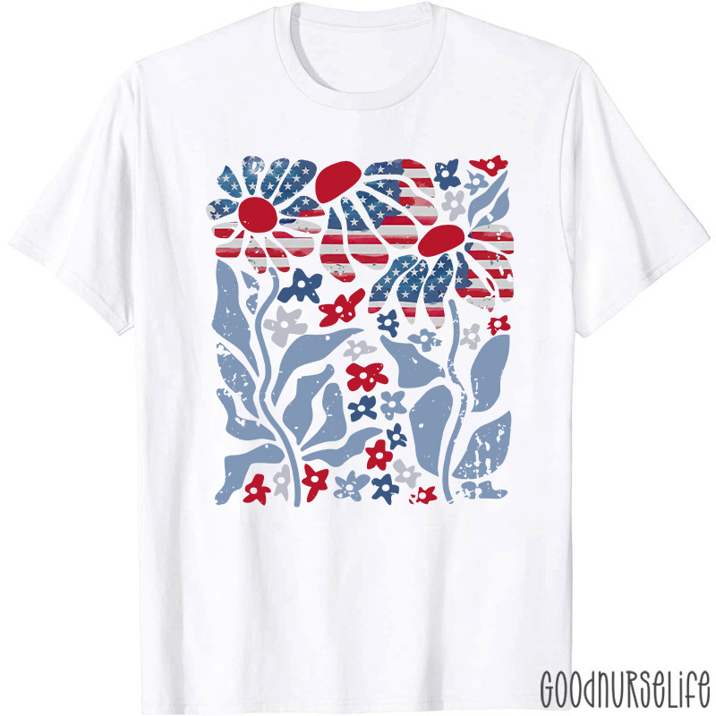 Boho Patriotic Daisy American Flag Floral Nurse T-Shirt