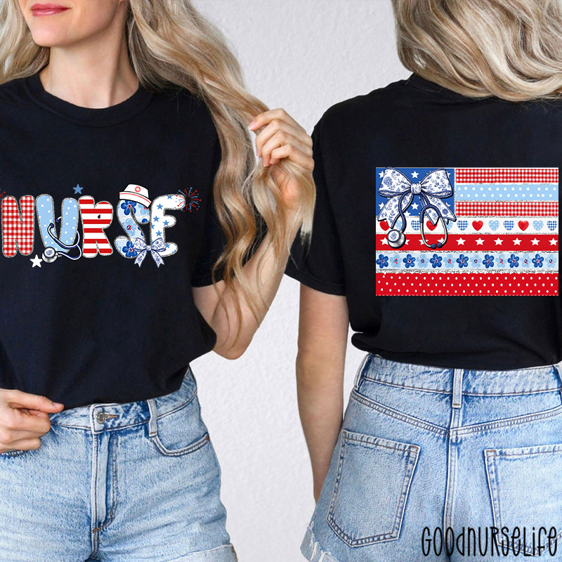American Flag Floral Nurse Two Sided T-Shirt