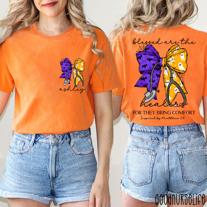 Personalized Halloween Bow Stethoscope Nurse Two Sided T‑Shirt