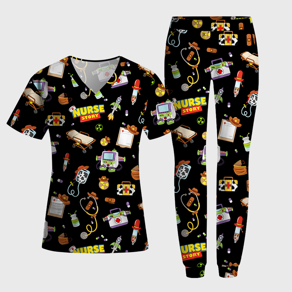 Cartoon Medical Equipment Print Nurse Scrub Set