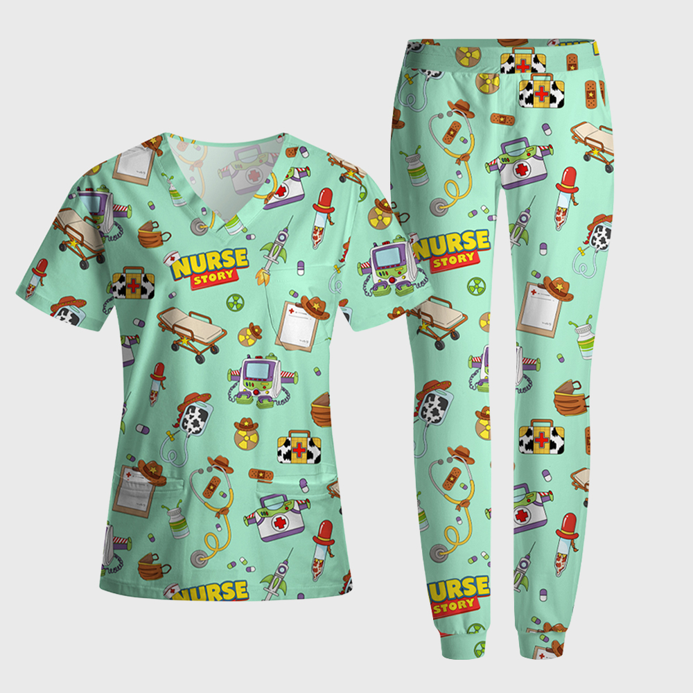 Cartoon Medical Equipment Print Nurse Scrub Set