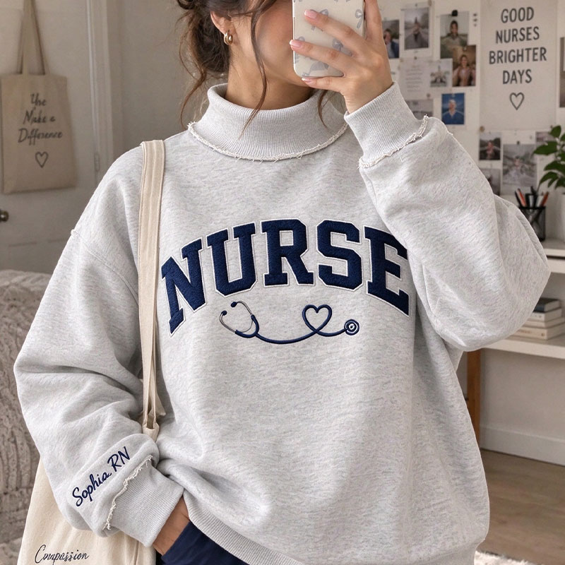 Personalized Embroidered Heart Stethoscope Double-Sided Collar Reversible Mockneck